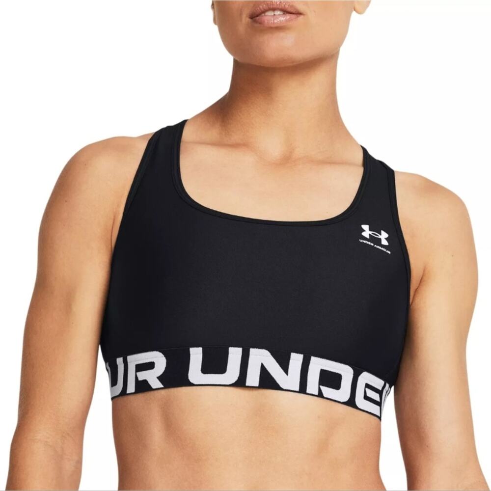 Under Armour NWT HeatGear Mid Branded Sports Bra Black Compression Support Large - Picture 2 of 13